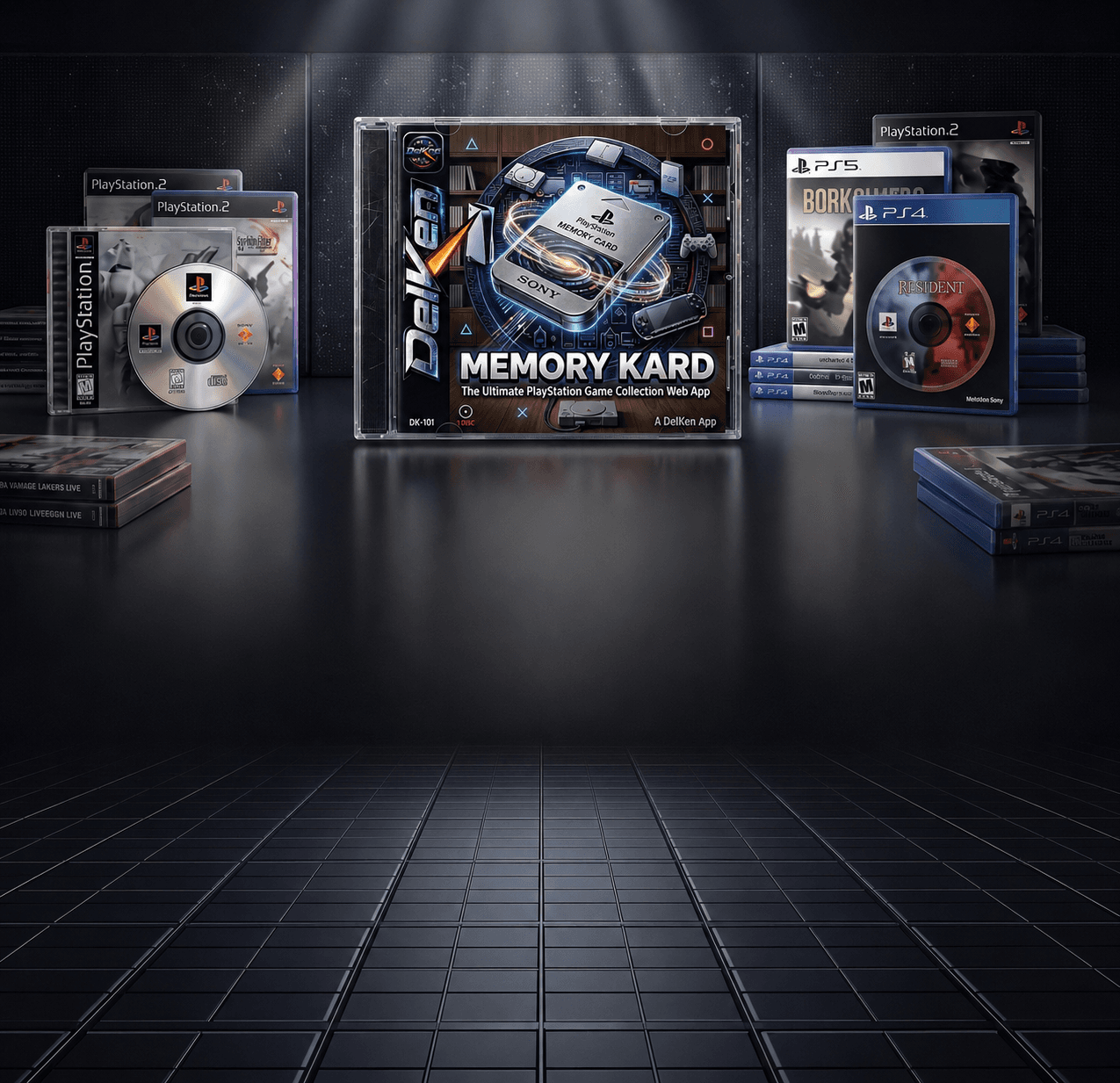 Memory Kard PlayStation game case surrounded by PS1, PS2, PS4, and PS5 game cases on a reflective studio floor